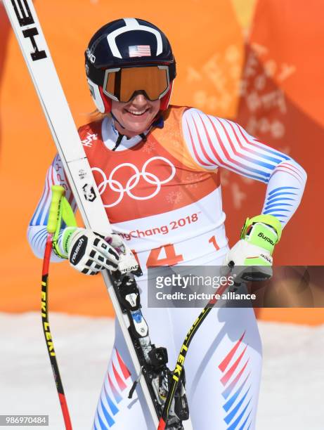Alice McKennis from the US at the finish line during the women's alpine skiing event of the 2018 Winter Olympics in the Jeongseon Alpine Centre in...