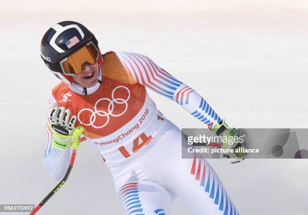 Alice McKennis from the US at the finish line during the women's alpine skiing event of the 2018 Winter Olympics in the Jeongseon Alpine Centre in...