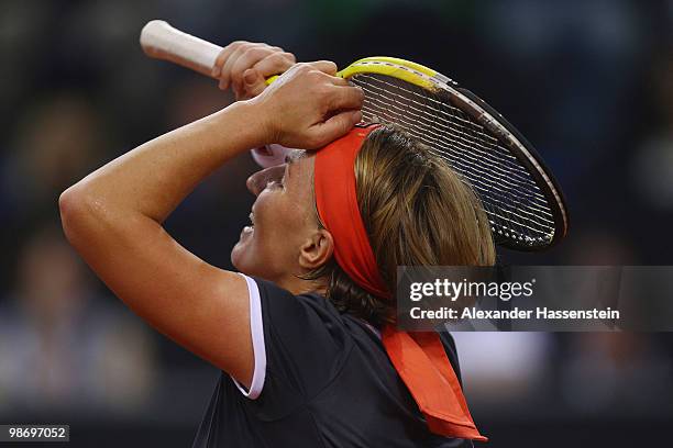 Svetlana Kuznetsova of Russia reacts during her first round match against Katarina Sreboznik of Slovenia at day tow of the WTA Porsche Tennis Grand...