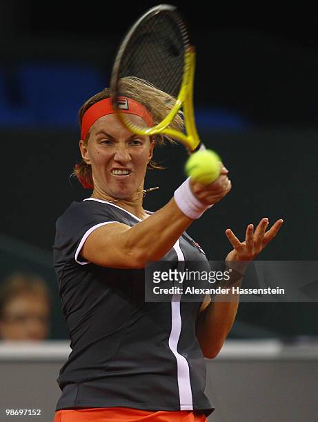 Svetlana Kuznetsova of Russia plays a forehand during her first round match against Katarina Sreboznik of Slovenia at day tow of the WTA Porsche...