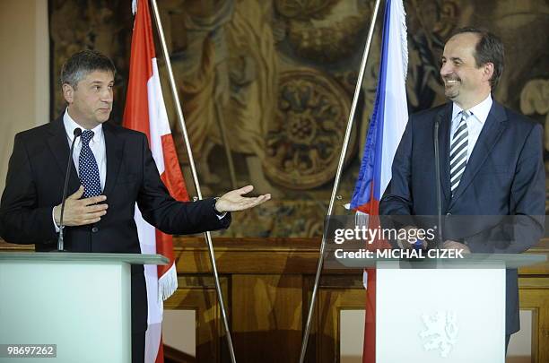 Deputy Prime Minister and Minister of Foreign Affairs of the Czech Republic Jan Kohout and his Austrian counterpart Michael Spindelegger speak during...