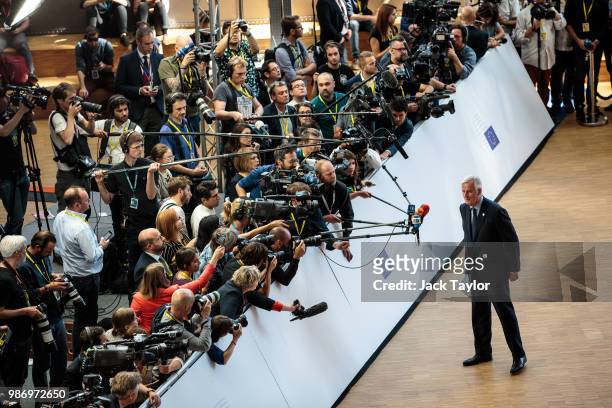 Chief negotiator for the European Union Michel Barnier speaks to assembled media ahead of roundtable discussions on the final day of the European...