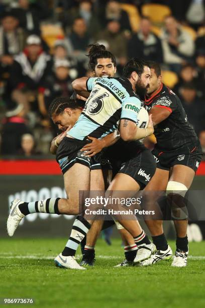 Aaron Woods of the Sharks charges forward during the round 16 NRL match between the New Zealand Warriors and the Cronulla Sharks at Mt Smart Stadium...