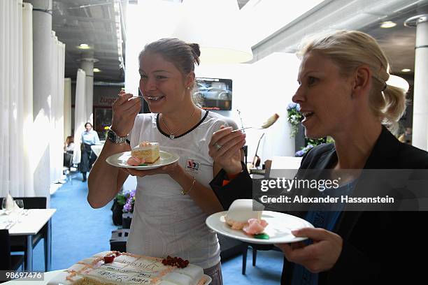 Dinara Michailowna Safina enjoys a birthday cake for her todays 24th birthday with Anke Huber during day tow of the WTA Porsche Tennis Grand Prix...