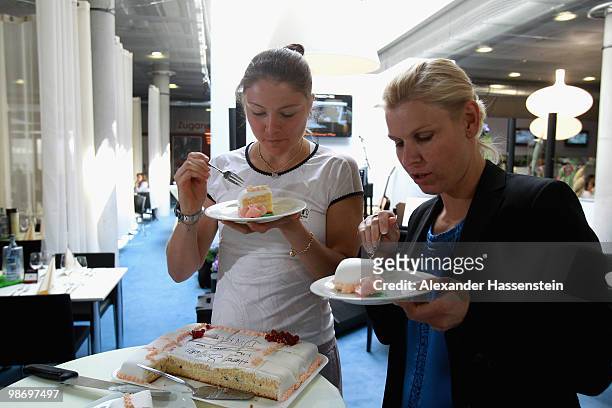 Dinara Michailowna Safina enjoys a birthday cake for her todays 24th birthday with Anke Huber during day tow of the WTA Porsche Tennis Grand Prix...