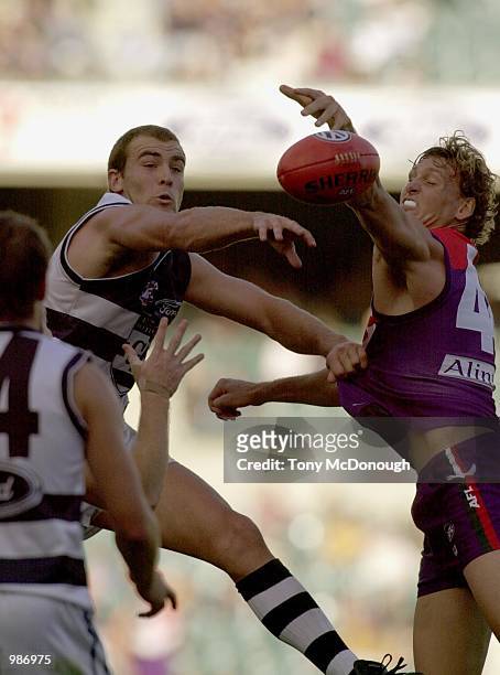 Steven King for Geelong knocks the ball from Daniel Bandy for The Fremantle Dockers, in the match between The Fremantle Dockers and the Geelong Cats,...