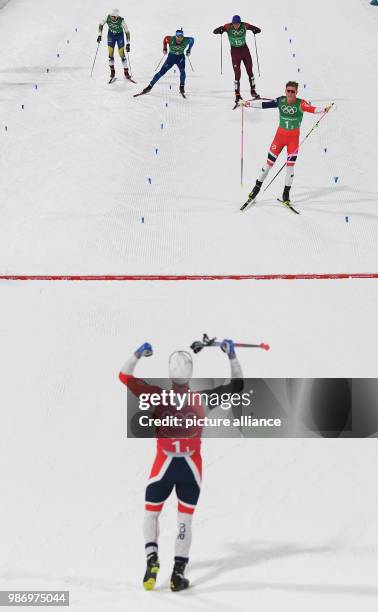 Martin Johnsrud Sundby waiting for Johannes Hoesflot Klaebo from Norway and celebrating their winning of the gold medal at the finish line during the...