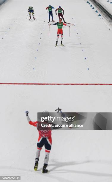 Martin Johnsrud Sundby waiting for Johannes Hoesflot Klaebo from Norway at the finish line and celebrating their gold medal during the men's free...