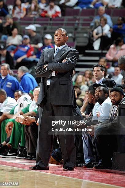 Head coach Doc Rivers of the Boston Celtics watches the action against the Detroit Pistons during the game on March 2, 2010 at The Palace of Auburn...