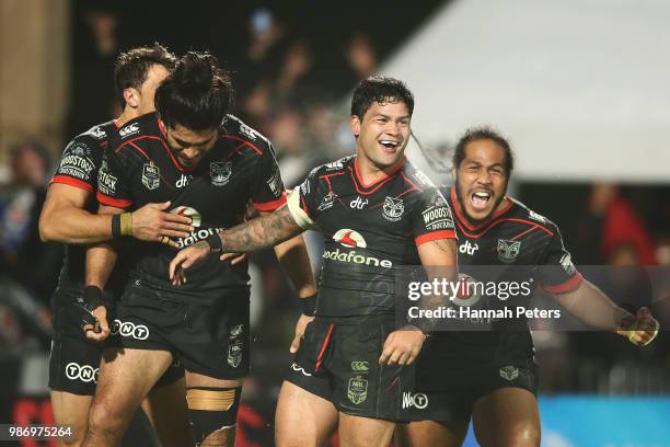 Issac Luke of the Warriors celebrates a try which was later disallowed during the round 16 NRL match between the New Zealand Warriors and the...