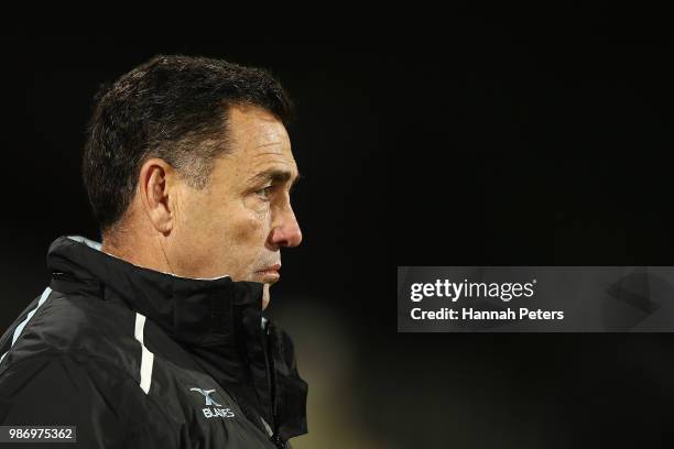 Head coach Shane Flanagan of the Sharks looks on during the round 16 NRL match between the New Zealand Warriors and the Cronulla Sharks at Mt Smart...
