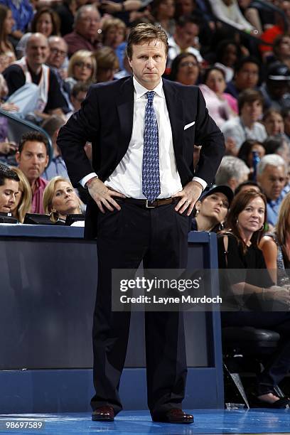 Head coach Scott Brooks of the Oklahoma City Thunder looks on during the game against the Memphis Grizzlies at Ford Center on April 14, 2010 in...