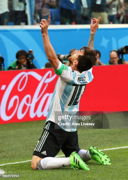 Lionel Messi of Argentina celebrates after scoring his team's first goal during the 2018 FIFA World Cup Russia group D match between Nigeria and...