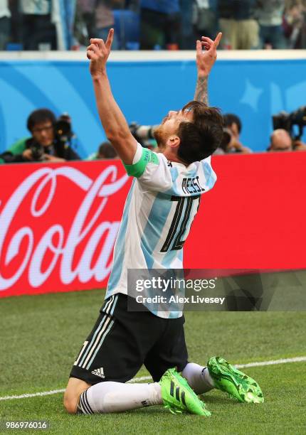 Lionel Messi of Argentina celebrates after scoring his team's first goal during the 2018 FIFA World Cup Russia group D match between Nigeria and...