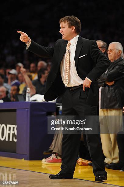 Head coach Scott Brooks of the Oklahoma City Thunder gestures from the sideline in Game Two of the Western Conference Quarterfinals against the Los...