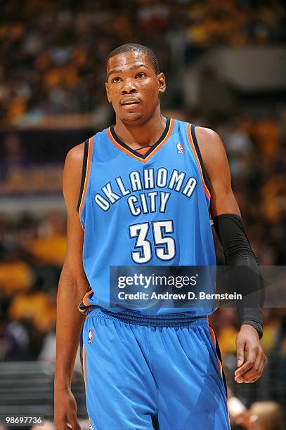 Kevin Durant of the Oklahoma City Thunder looks on in Game One of the Western Conference Quarterfinals against the Los Angeles Lakers during the 2010...