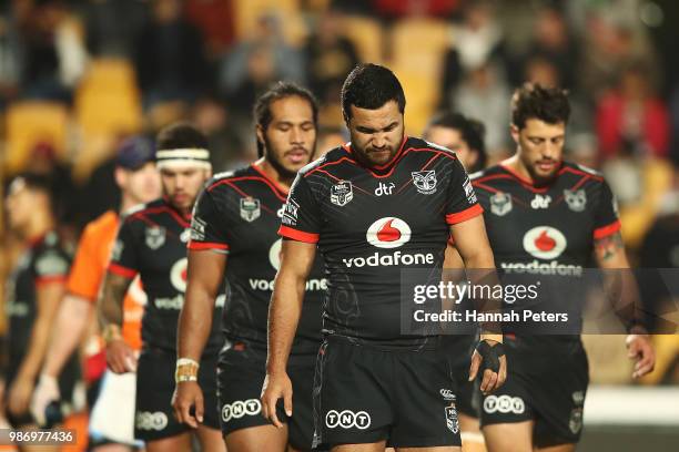 Peta Hiku of the Warriors looks on during the round 16 NRL match between the New Zealand Warriors and the Cronulla Sharks at Mt Smart Stadium on June...