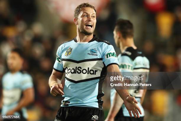 Matt Moylan of the Sharks gives instructions during the round 16 NRL match between the New Zealand Warriors and the Cronulla Sharks at Mt Smart...