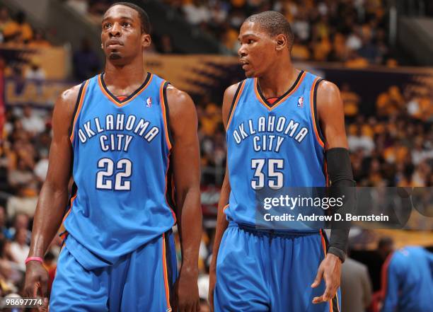 Jeff Green and Kevin Durant of the Oklahoma City Thunder talk on the court in Game One of the Western Conference Quarterfinals against the Los...