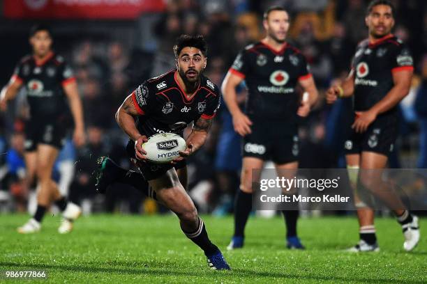 Shaun Johnson runs the ball during the round 16 NRL match between the New Zealand Warriors and the Cronulla Sharks at Mt Smart Stadium on June 29,...