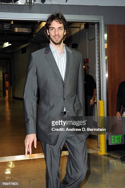 Pau Gasol of the Los Angeles Lakers arrives for Game One of the Western Conference Quarterfinals against the Oklahoma City Thunder during the 2010...