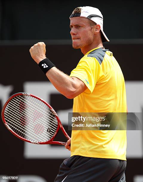 Lleyton Hewitt of Australia celebrates winning a game against Mikhail Youzhny of Russia during day three of the ATP Masters Series - Rome at the Foro...