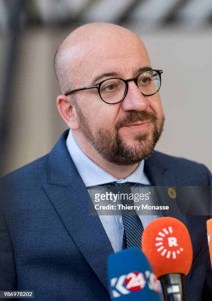 Belgium Prime Minister Charles Michel arrives to take part in the lsecond day of the European Union leaders' summit, without Britain, to discuss...