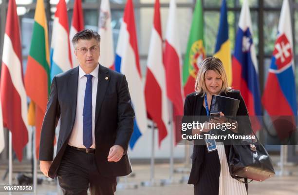 Croatian Prime Minister Andrej Plenkovic arrives to take part in the second day of the European Union leaders' summit, without Britain, to discuss...