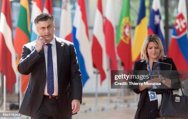 Croatian Prime Minister Andrej Plenkovic arrives to take part in the second day of the European Union leaders' summit, without Britain, to discuss...