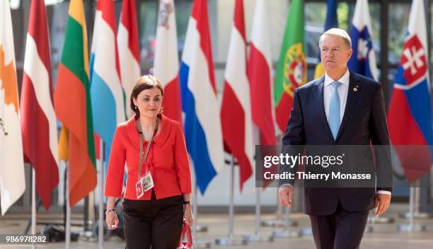 Romanian President Klaus Werner Iohannis arrives to take part in the second day of the European Union leaders' summit, without Britain, to discuss...