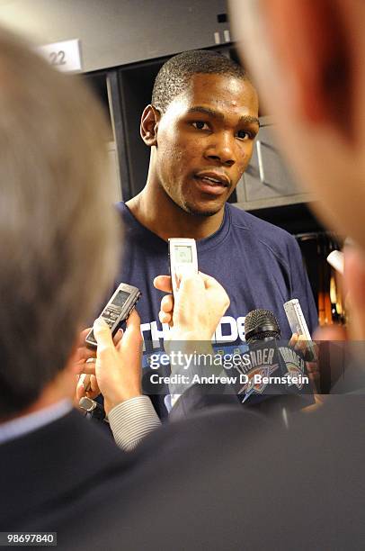 Kevin Durant of the Oklahoma City Thunder talks to the media prior to Game One of the Western Conference Quarterfinals against the Los Angeles Lakers...