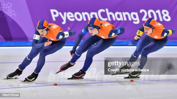 February 2018, South Korea, Gangneung, Winter Olympics, women's speed skating team pursuit event, finals, Japan vs. Netherlands, Gangneung Oval: The...