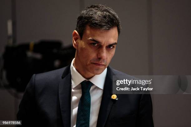 Prime Minister of Spain Pedro Sanchez arrives ahead of roundtable discussions on the final day of the European Council leaders' summit on June 29,...