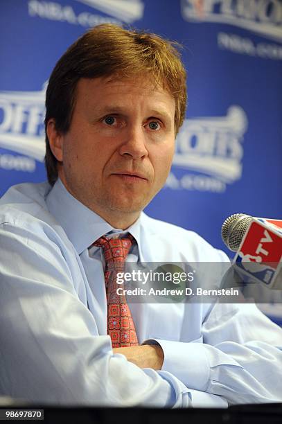 Head coach Scott Brooks of the Oklahoma City Thunder talks to the media after Game One of the Western Conference Quarterfinals against the Los...