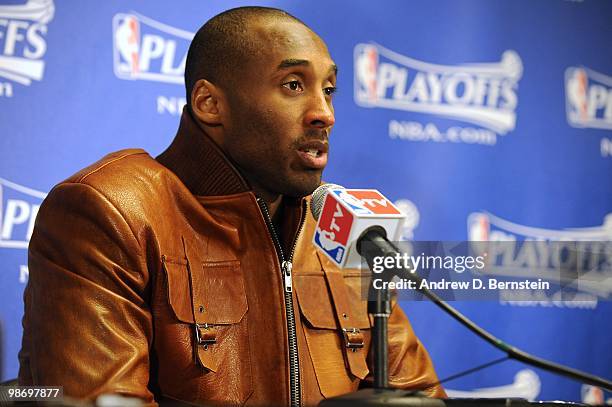 Kobe Bryant of the Los Angeles Lakers talks to the media after their 87-79 victory over the Oklahoma City Thunder in Game One of the Western...