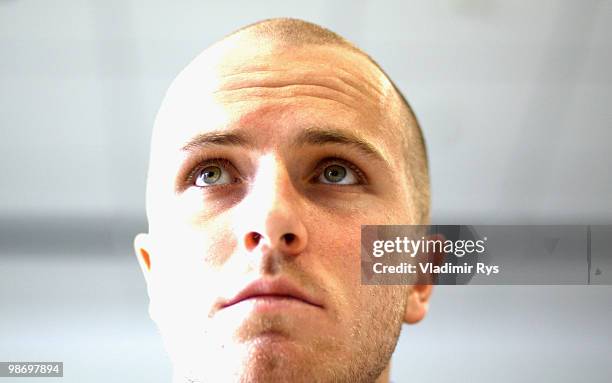 Borussia Moenchengladbach football star Michael Bradley is pictured during a meeting with the press at Borussia Park on April 27, 2010 in...