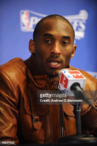 Kobe Bryant of the Los Angeles Lakers talks to the media after their 87-79 victory over the Oklahoma City Thunder in Game One of the Western...