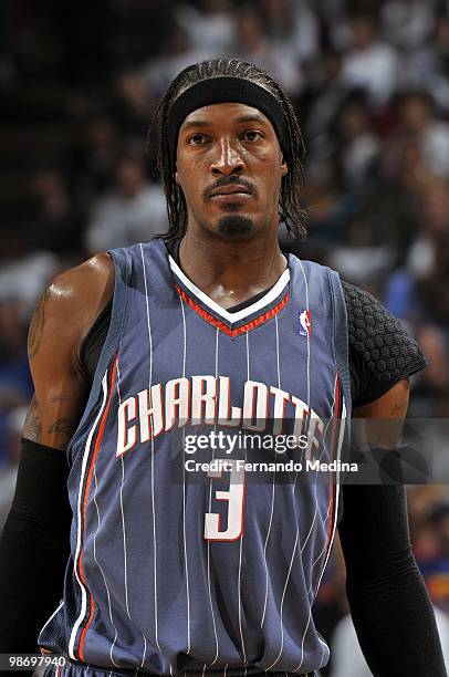 Gerald Wallace of the Charlotte Bobcats looks on in Game One of the Eastern Conference Quarterfinals against the Orlando Magic during the 2010 NBA...