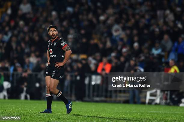 Shaun Johnson looks on during the round 16 NRL match between the New Zealand Warriors and the Cronulla Sharks at Mt Smart Stadium on June 29, 2018 in...