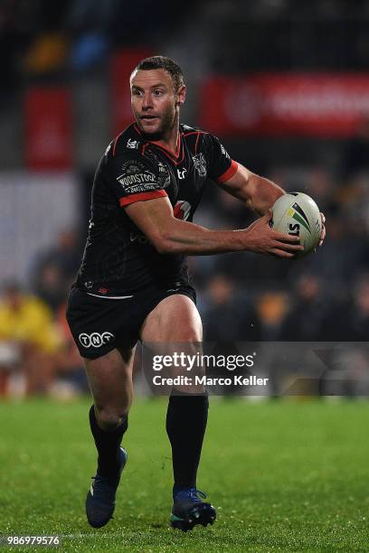 Blake Green runs the ball during the round 16 NRL match between the New Zealand Warriors and the Cronulla Sharks at Mt Smart Stadium on June 29, 2018...