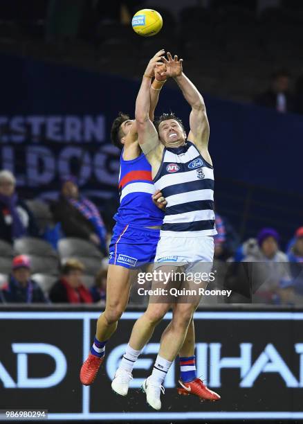 Patrick Dangerfield of the Cats attempts to mark during the round 15 AFL match between the Western Bulldogs and the Geelong Cats at Etihad Stadium on...