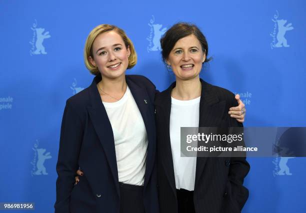 February 2018, Germany, Berlin: Berlinale 2018, photocall, 'Becoming Astrid', : Actress Alba August with director Pernille Fischer Christensen. The...