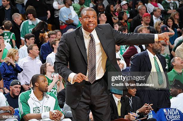 Head coach Doc Rivers of the Boston Celtics reacts in Game One of the Eastern Conference Quarterfinals against the Miami Heat during the 2010 NBA...