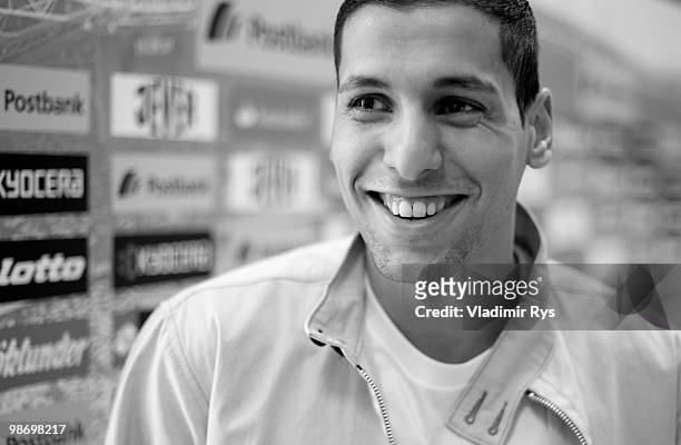 Borussia Moenchengladbach football star Karim Matmour is pictured during a meeting with the press at Borussia Park on April 27, 2010 in...