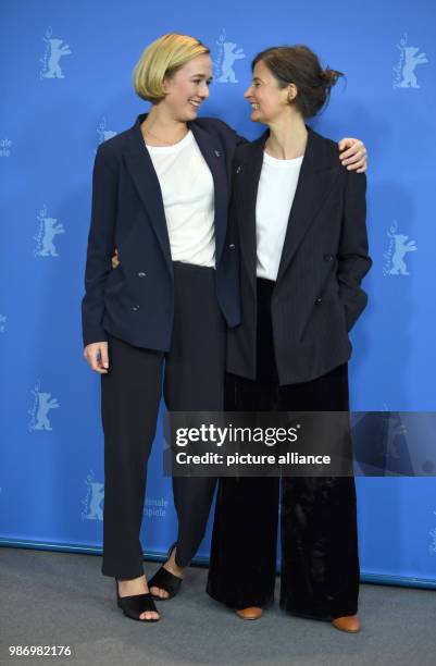 February 2018, Germany, Berlin: Berlinale 2018, photocall, 'Becoming Astrid', : Actress Alba August with director Pernille Fischer Christensen. The...