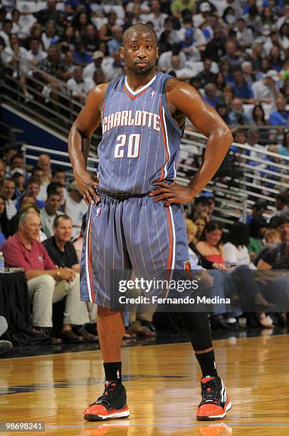 Raymond Felton of the Charlotte Bobcats looks on in Game One of the Eastern Conference Quarterfinals against the Orlando Magic during the 2010 NBA...