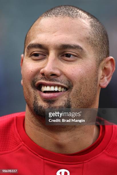 Shane Victorino of the Philadelphia Phillies takes batting practice before the game against the San Francisco Giants at AT&T Park on April 26, 2010...
