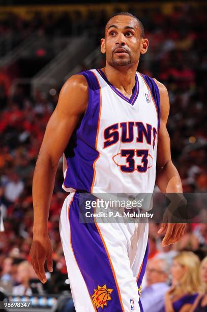 Grant Hill of the Phoenix Suns walks down the court in Game One of the Western Conference Quarterfinals against the Portland Trail Blazers during the...