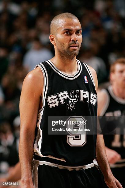 Tony Parker of the San Antonio Spurs stands on the court in Game One of the Western Conference Quarterfinals against the Dallas Mavericks during the...