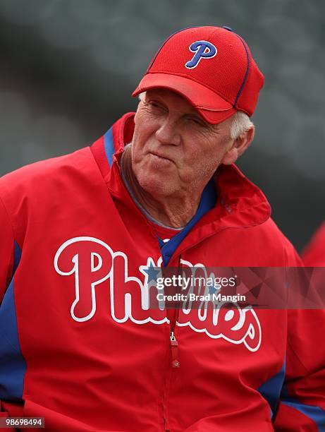 Manager Charlie Manuel of the Philadelphia Phillies watches batting practice before the game against the San Francisco Giants at AT&T Park on April...